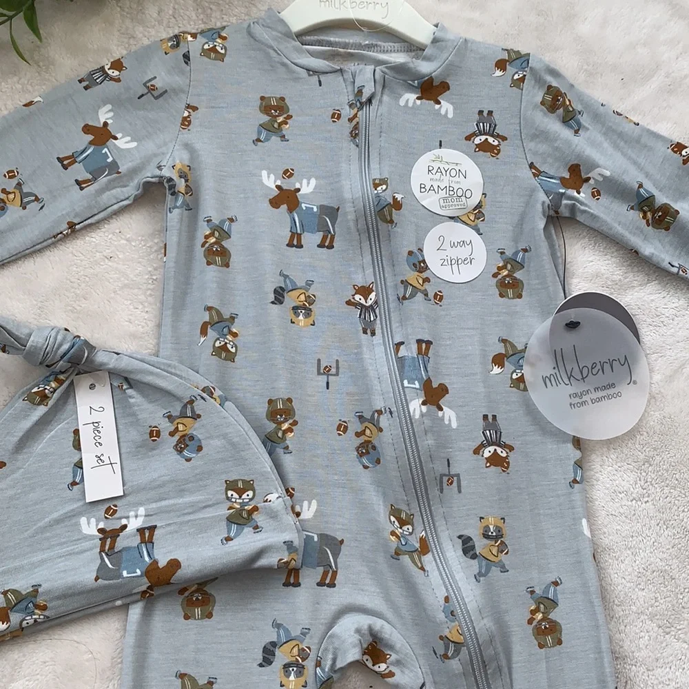 NWT Milkberry Animal Football Gray Footie w/ Beanie Hat Set 6-9M Bamboo